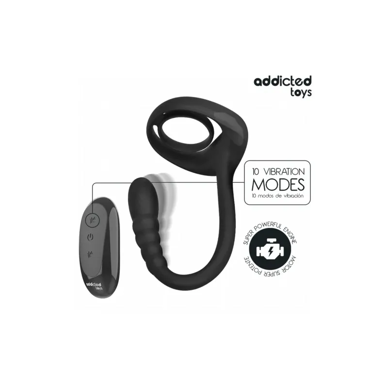 Addicted Toys – Vibrating penis ring with dual motors and remote control, black medical silicone