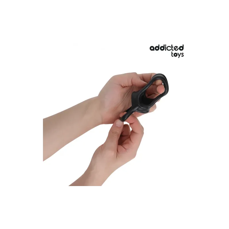 Jaula peneana flexible Addicted Toys negra – vista general con anillo testicular" }, { "id_image": 1533, "fr": "Anneau cage Addi