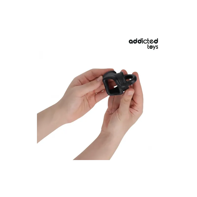 Flexible cock cage Addicted Toys black – overall view with testicle ring