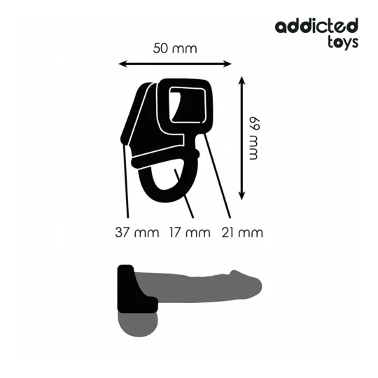 Gabbia peniena flessibile Addicted Toys nera – vista d'insieme con anello testicolare