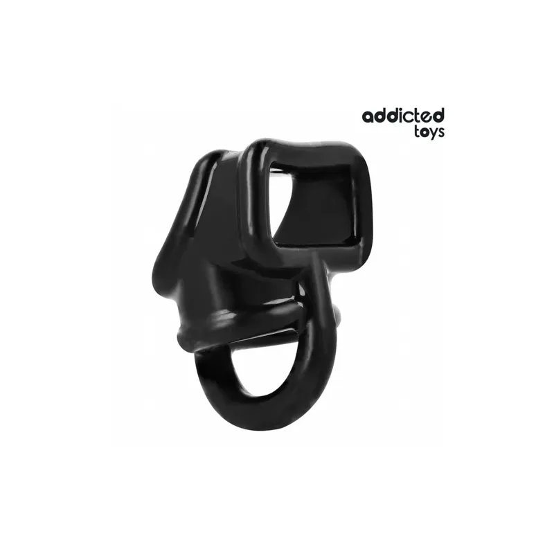 Anneau cage pénien flexible Addicted Toys noir – vue d'ensemble du maintien testiculaire