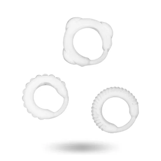 Juego de 3 anillos penianos transparentes en C ADDICTED TOYS – vista general de los tres tamaños" }, { "fr": "Anneau pénien tran