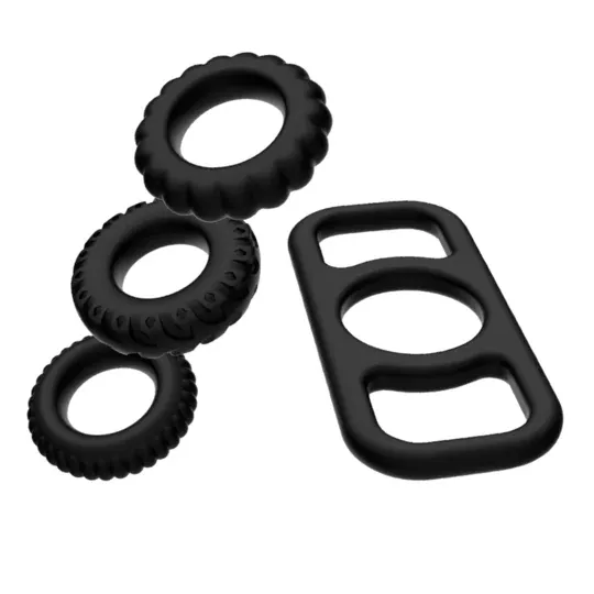 Set de 4 anneaux péniens Addicted Toys en silicone souple, tailles progressives.
