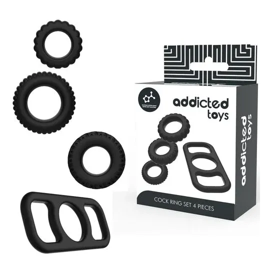 Addicted Toys Penisring-Set aus weichem Silikon, 4 Größen, für langanhaltende Erektion.