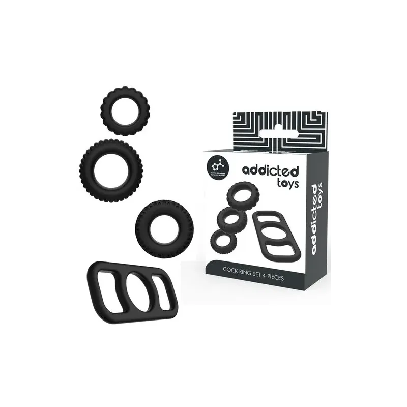 Set de 4 anneaux péniens Addicted Toys en silicone souple, tailles progressives.