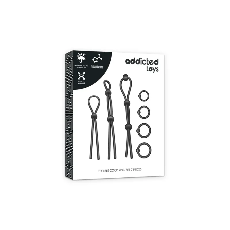 Kit d'anneaux péniens flexibles en silicone 7 pièces Addicted Toys - ensemble de 3 coulissants et 4 flexibles, silicone médical