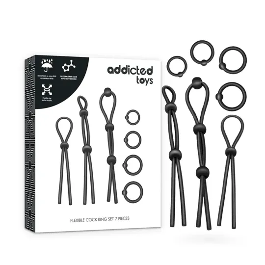 Kit anillos para pene flexibles de silicona 7 piezas Addicted Toys - 3 deslizantes y 4 flexibles, silicona médica