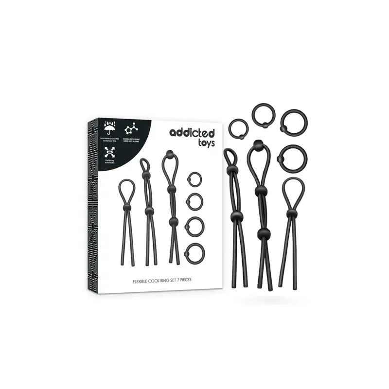 Kit d'anneaux péniens flexibles en silicone 7 pièces Addicted Toys - ensemble de 3 coulissants et 4 flexibles, silicone médical