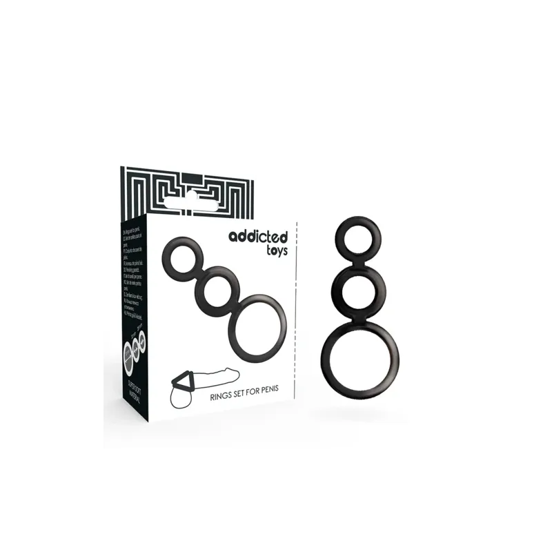 Lot de 3 anneaux péniens ADDICTED TOYS en silicone fumé, antidérapant, trois diamètres 50 32 28 mm.