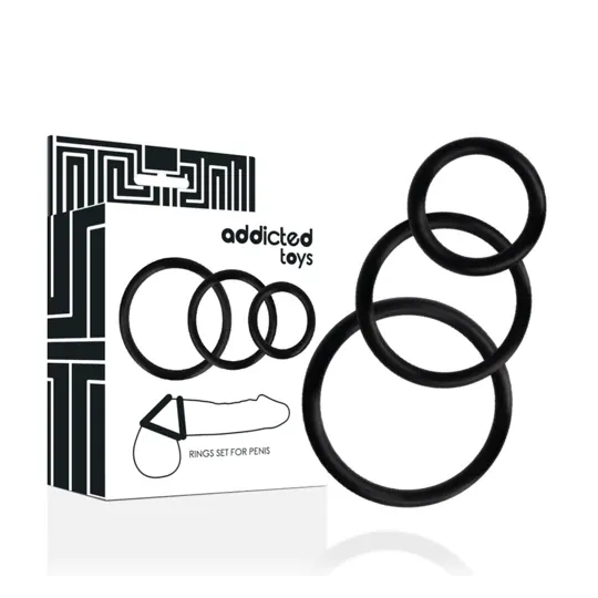 Set aus drei schwarzen Penisringen Addicted Toys aus superelastischem Gummi - Übersicht Größen S M L
