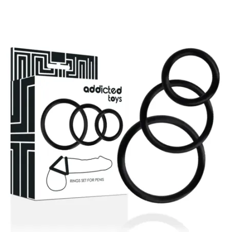 Set aus drei schwarzen Penisringen Addicted Toys aus superelastischem Gummi - Übersicht Größen S M L