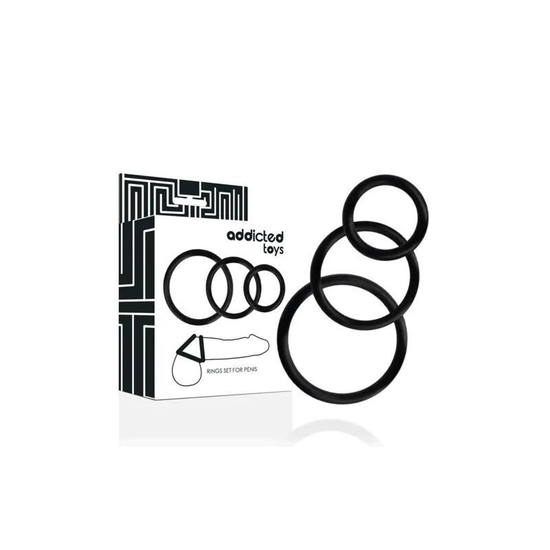 Set di tre anelli penieni neri Addicted Toys in gomma super elastica - panoramica taglie S M L