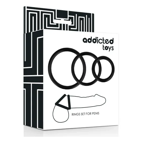 Set aus drei schwarzen Penisringen Addicted Toys aus superelastischem Gummi - Übersicht Größen S M L