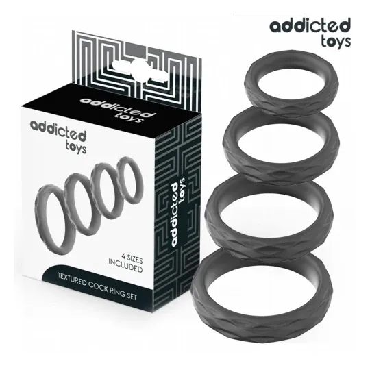 Set di anelli penieni texturizzati Addicted Toys, 4 misure in silicone trasparente