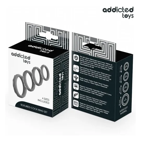 Coffret d'anneaux péniens texturés Addicted Toys, 4 tailles en silicone transparent