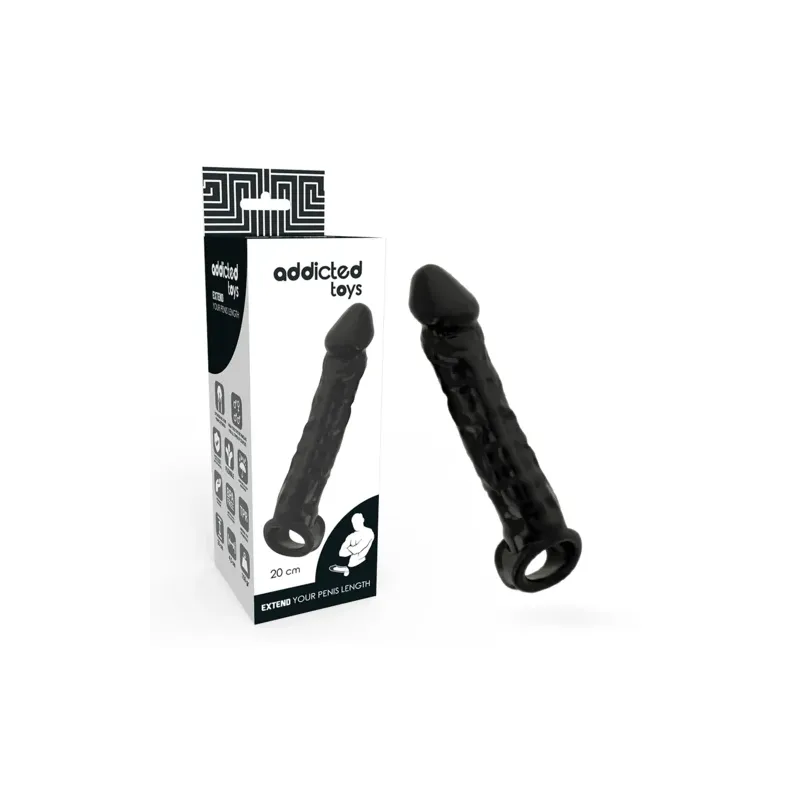 Addicted Toys manicotto estensione pene nero in TPE, +2,5 cm lunghezza, anello testicoli integrato.