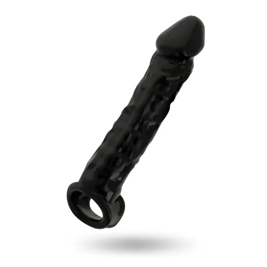Addicted Toys manchon d'extension pénien noir en TPE, +2,5 cm de longueur, anneau testicules intégré.