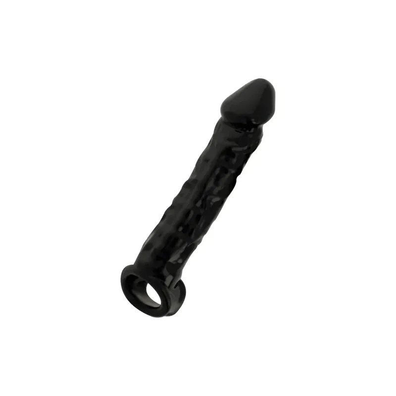 Addicted Toys manicotto estensione pene nero in TPE, +2,5 cm lunghezza, anello testicoli integrato.