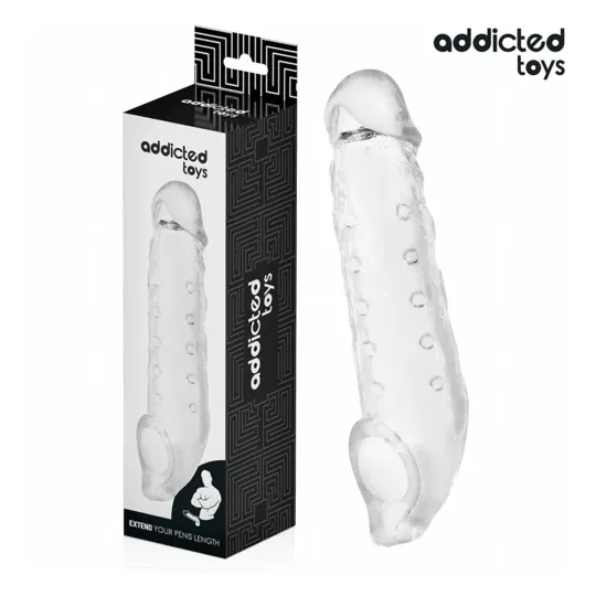 Gaine pénis transparente Addicted Toys M 27 cm posée à plat, vue d'ensemble du manchon allongeant