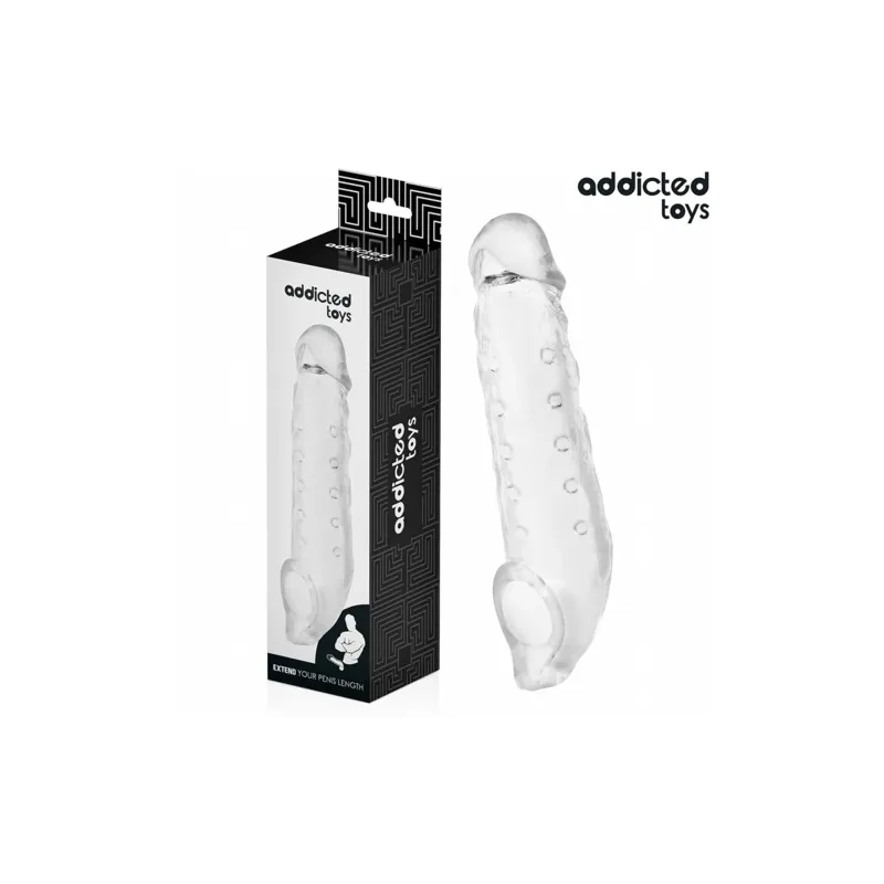 Funda para pene transparente Addicted Toys M 27 cm plana, vista completa del alargador" }, { "fr": "Vue latérale gaine pénis tra