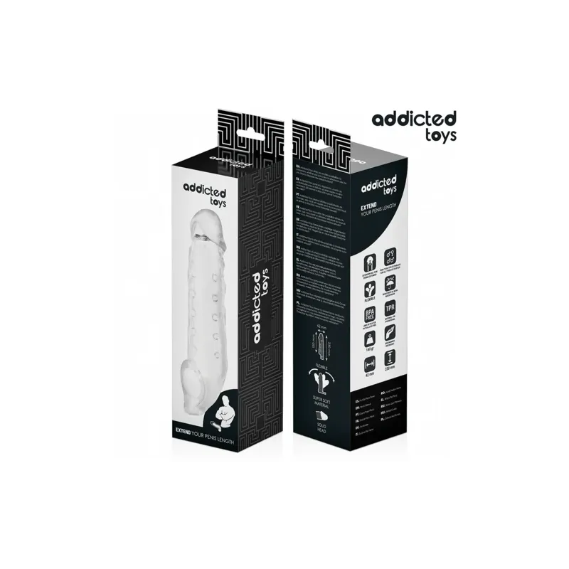 Funda para pene transparente Addicted Toys M 27 cm plana, vista completa del alargador" }, { "fr": "Vue latérale gaine pénis tra
