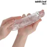 Gaine pénis transparente Addicted Toys M 27 cm posée à plat, vue d'ensemble du manchon allongeant