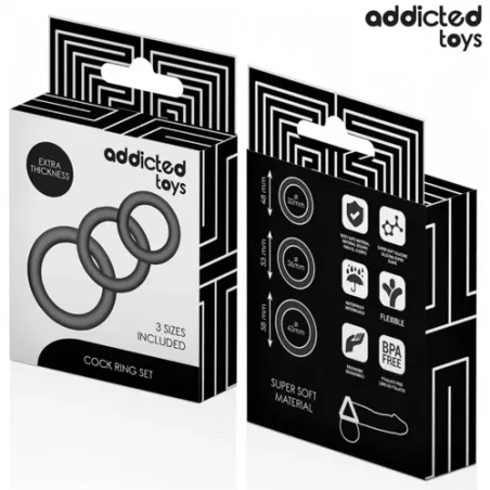 Lote de 3 anillos peneanos de silicona ajustables Addicted Toys sobre fondo negro" }, { "image_id": 171, "fr": "Anneau pénien la