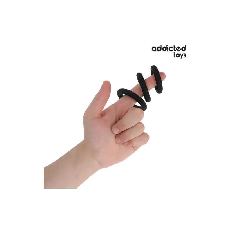 Pack of 3 adjustable silicone cock rings Addicted Toys on black background