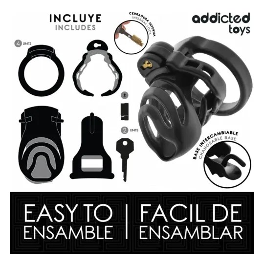 Jaula de castidad Addicted Toys Locked con cerradura eterna y 4 anillos ajustables para sumisión masculina" }, { "fr": "Vue déta