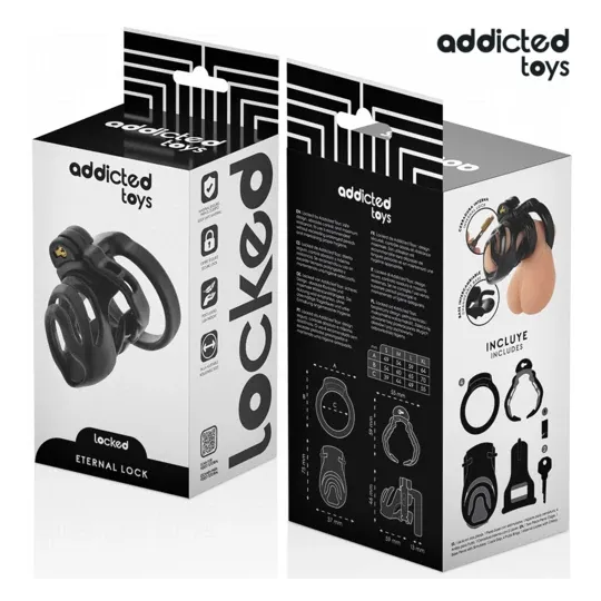 Cage de chasteté Addicted Toys Locked avec verrou éternel et 4 anneaux ajustables pour soumission masculine