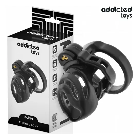 Jaula de castidad Addicted Toys Locked con cerradura eterna y 4 anillos ajustables para sumisión masculina" }, { "fr": "Vue déta