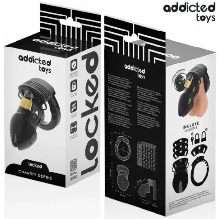 Gabbia di castità nera ADDICTED TOYS LOCKED 7,5 cm con anello pubico regolabile e lucchetti di plastica