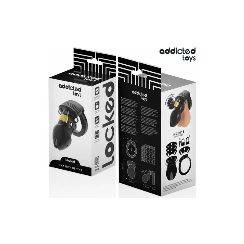 Jaula de castidad negra ADDICTED TOYS LOCKED 7,5 cm con anillo púbico ajustable y candados de plástico