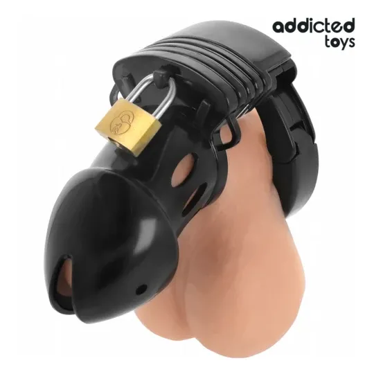 Cage de chasteté ADDICTED TOYS LOCKED noire 7,5 cm avec anneau pubien réglable et cadenas plastique
