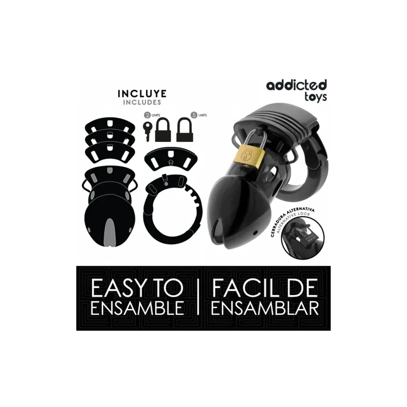 Jaula de castidad negra ADDICTED TOYS LOCKED 7,5 cm con anillo púbico ajustable y candados de plástico