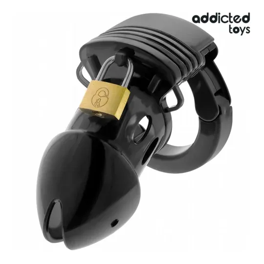 Gabbia di castità nera ADDICTED TOYS LOCKED 7,5 cm con anello pubico regolabile e lucchetti di plastica