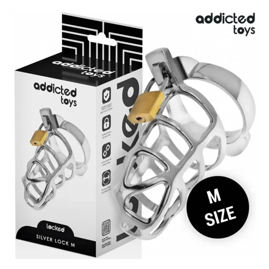 Cage de chasteté métal argent Addicted Toys Locked taille M - vue d'ensemble avec verrou