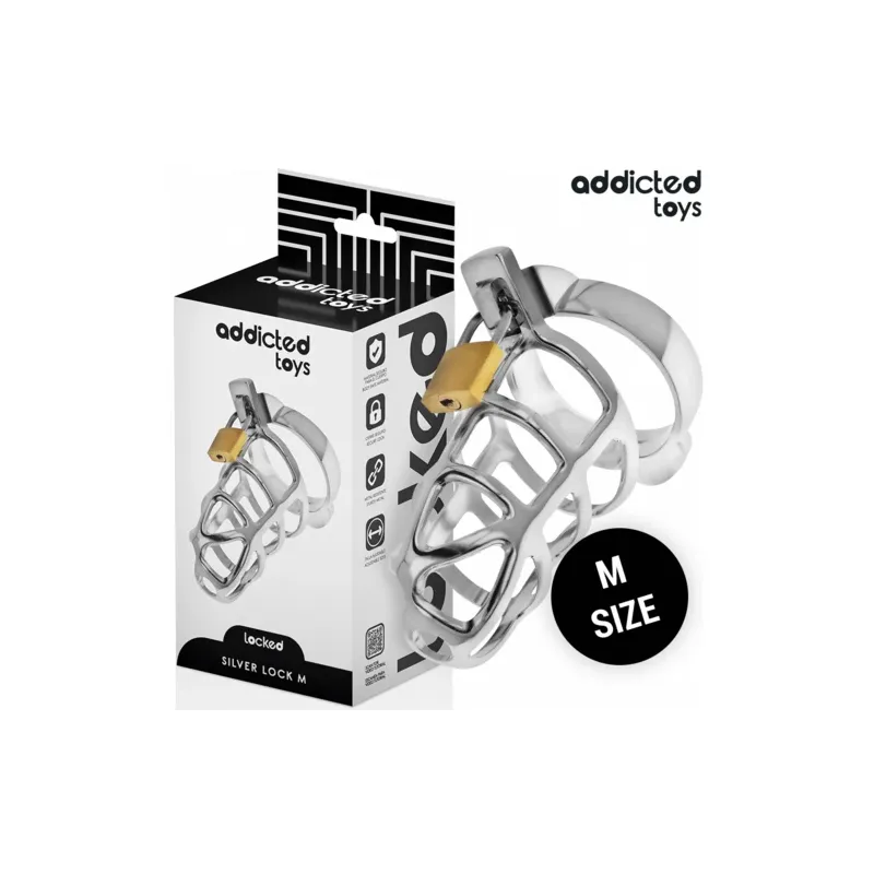 Silver metal chastity cage Addicted Toys Locked size M - overview with lock