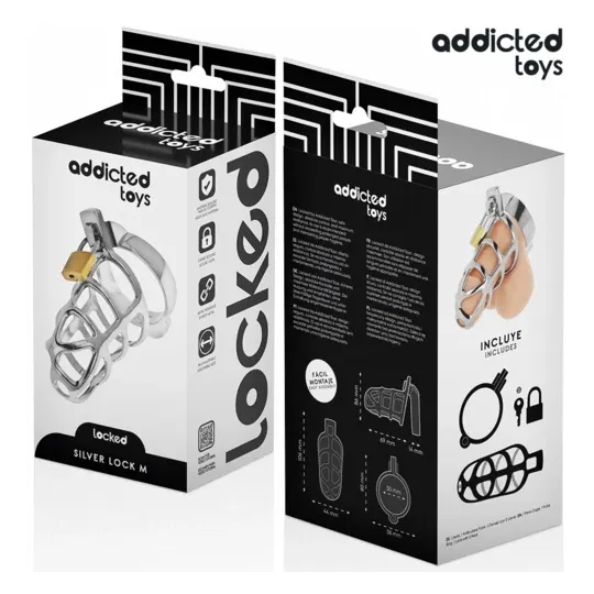 Gabbia di castità metallo argento Addicted Toys Locked taglia M - vista d'insieme con lucchetto
