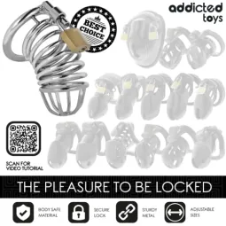 Cage de chasteté en acier inoxydable Addicted Toys Locked Iron Cell M avec verrou et clés, taille moyenne.