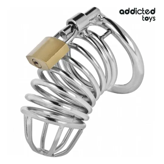 Cage de chasteté en acier inoxydable Addicted Toys Locked Iron Cell M avec verrou et clés, taille moyenne.