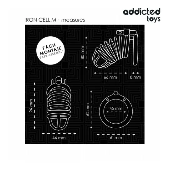 Cage de chasteté en acier inoxydable Addicted Toys Locked Iron Cell M avec verrou et clés, taille moyenne.