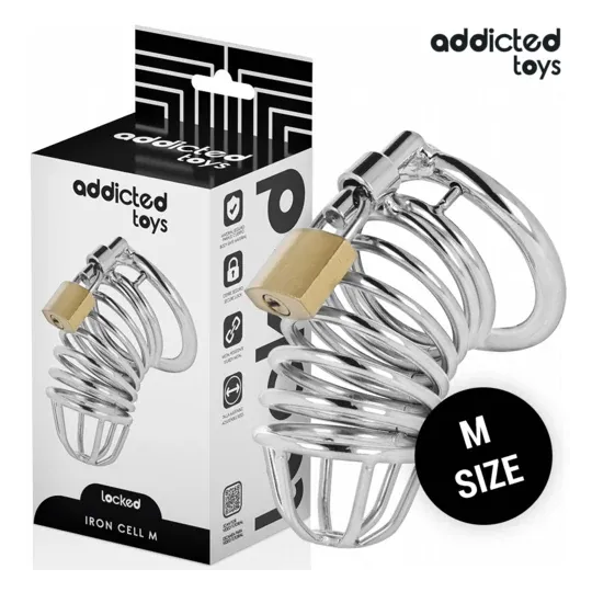 Stainless steel chastity cage Addicted Toys Locked Iron Cell M with lock and keys, size medium.