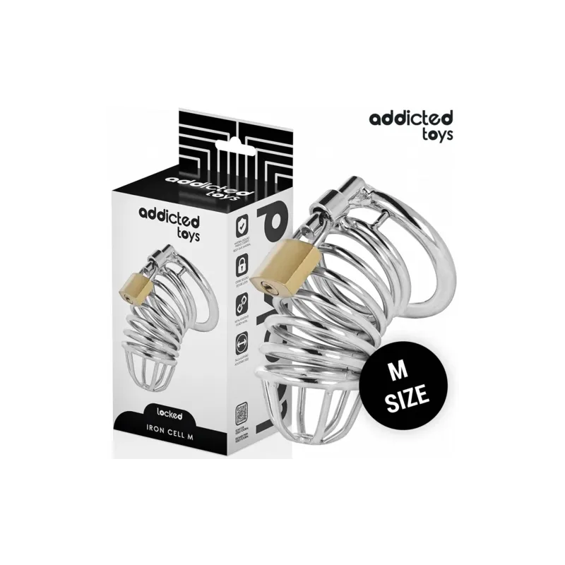 Keuschheitskäfig aus Edelstahl Addicted Toys Locked Iron Cell M mit Schloss und Schlüsseln, Größe M.