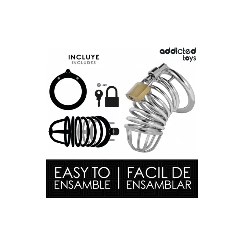 Cage de chasteté en acier inoxydable Addicted Toys Locked Iron Cell M avec verrou et clés, taille moyenne.