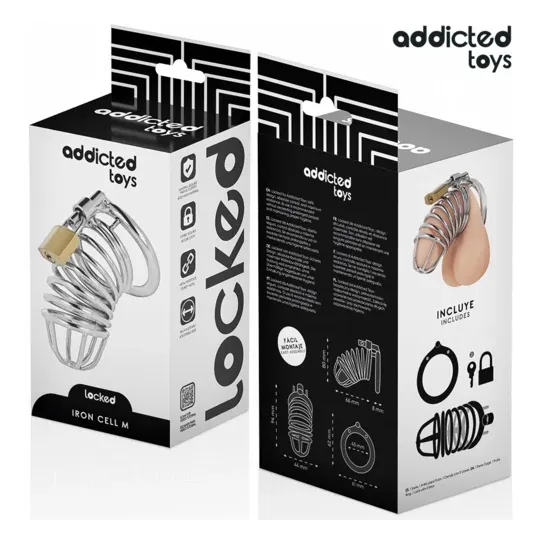 Keuschheitskäfig aus Edelstahl Addicted Toys Locked Iron Cell M mit Schloss und Schlüsseln, Größe M.