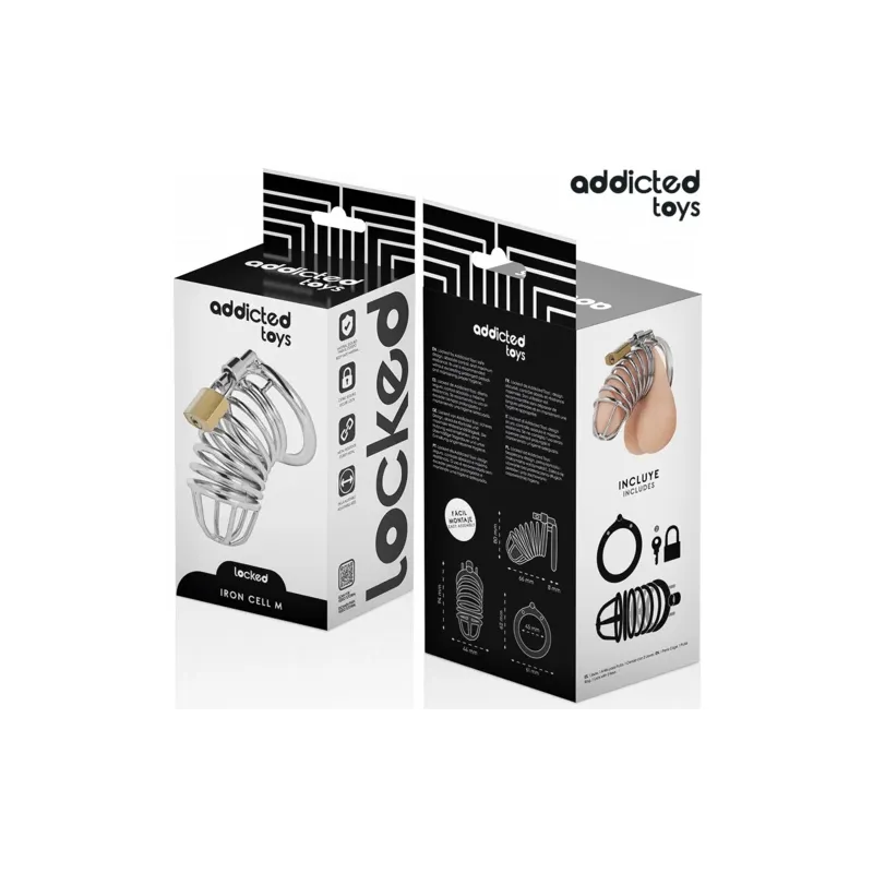 Cage de chasteté en acier inoxydable Addicted Toys Locked Iron Cell M avec verrou et clés, taille moyenne.