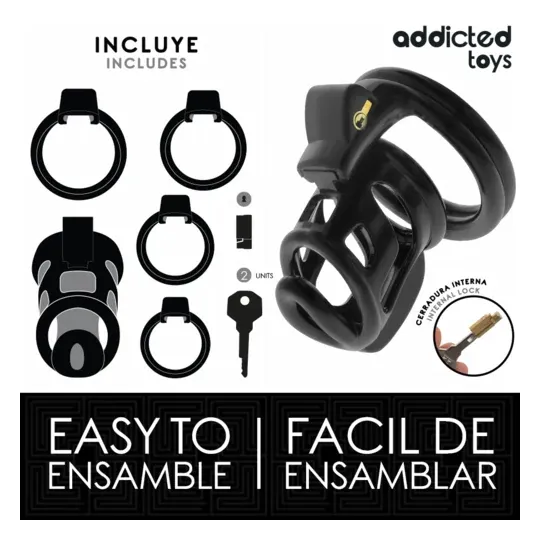 Addicted Toys Locked metal chastity cage size M 8.5 cm with lock and keys, includes cock ring