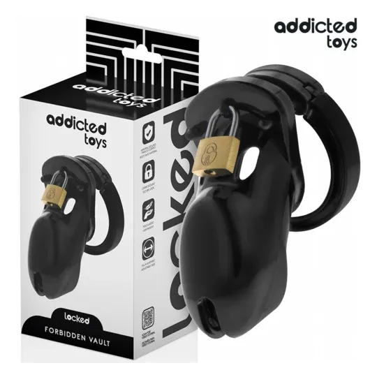 Jaula de castidad ADDICTED TOYS LOCKED con kit de 5 anillos ajustables y candado metálico.