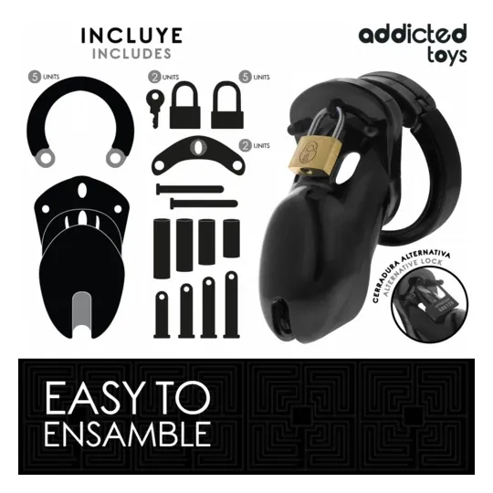 Jaula de castidad ADDICTED TOYS LOCKED con kit de 5 anillos ajustables y candado metálico.